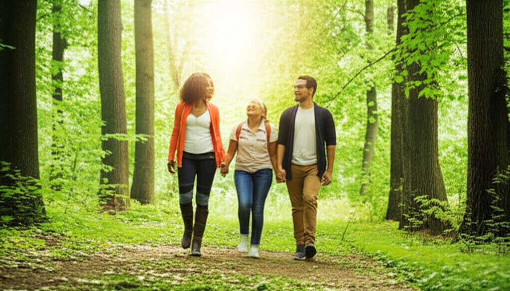 Family protected by insurance walking through forest
